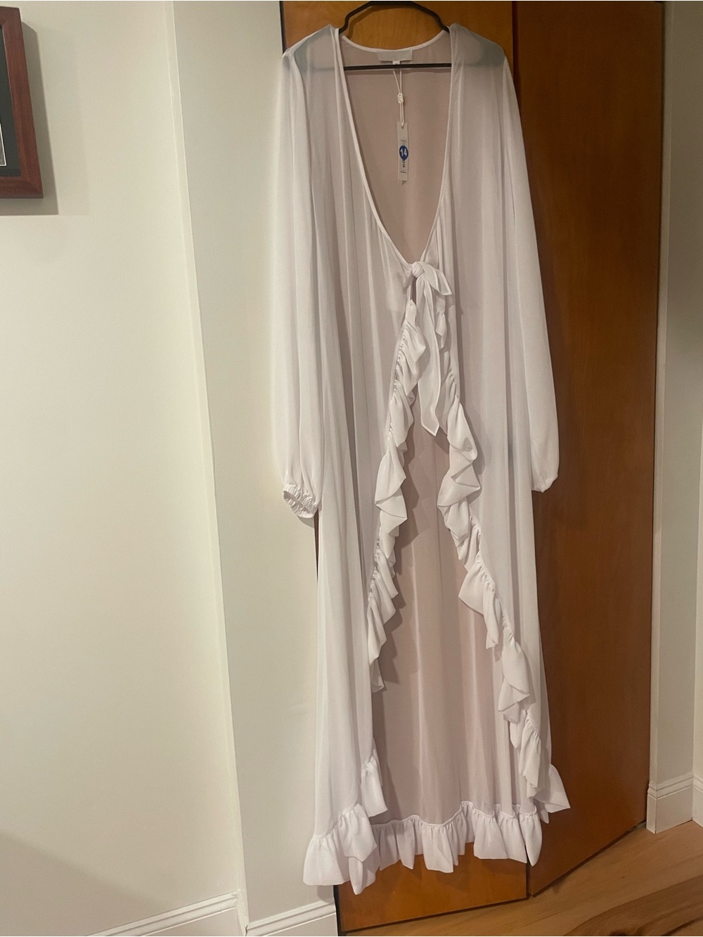 Caroline Constas White Sheer Ruffle Tie-Front Long Robe swim coverup